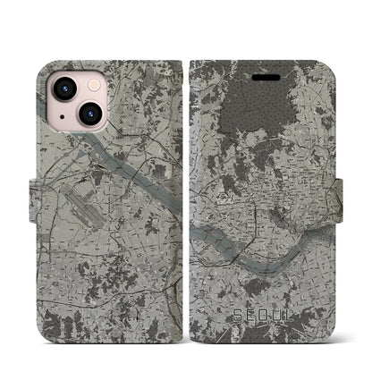 【ソウル（韓国）】地図柄iPhoneケース（手帳タイプ）モノトーン・iPhone 13 mini 用