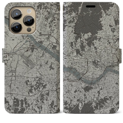 【ソウル（韓国）】地図柄iPhoneケース（手帳タイプ）モノトーン・iPhone 14 Pro Max 用