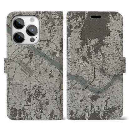 【ソウル（韓国）】地図柄iPhoneケース（手帳タイプ）モノトーン・iPhone 14 Pro 用