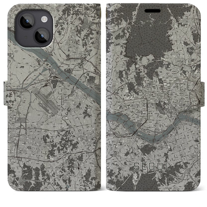 【ソウル（韓国）】地図柄iPhoneケース（手帳タイプ）モノトーン・iPhone 14 Plus 用