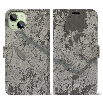 【ソウル（韓国）】地図柄iPhoneケース（手帳タイプ）モノトーン・iPhone 15 用