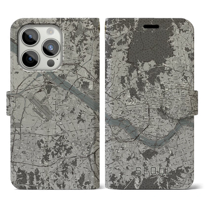 【ソウル（韓国）】地図柄iPhoneケース（手帳タイプ）モノトーン・iPhone 15 Pro 用