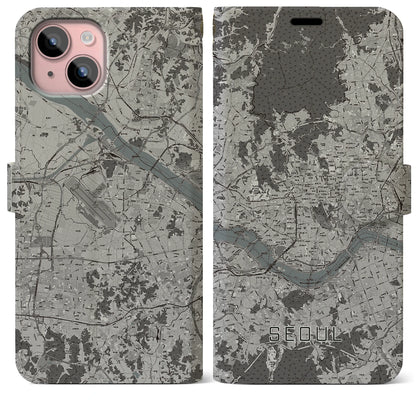 【ソウル（韓国）】地図柄iPhoneケース（手帳タイプ）モノトーン・iPhone 15 Plus 用