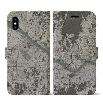 【ソウル（韓国）】地図柄iPhoneケース（手帳タイプ）モノトーン・iPhone XS / X 用