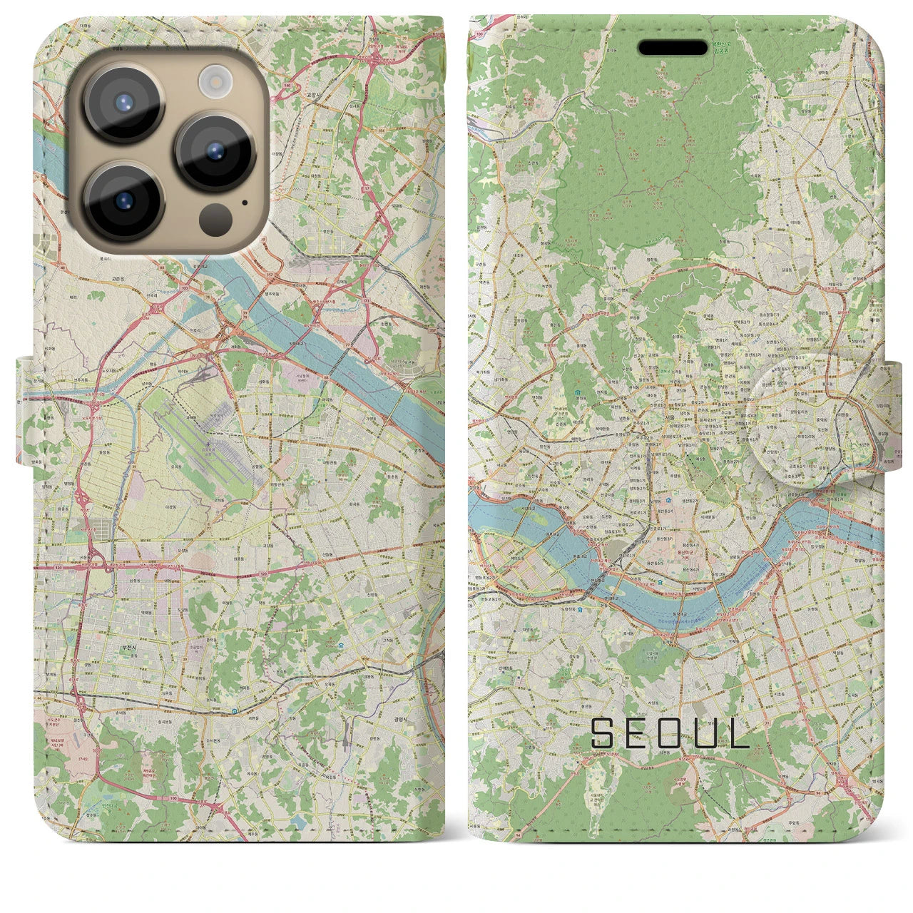 【ソウル】地図柄iPhoneケース（手帳両面タイプ・ナチュラル）iPhone 14 Pro Max 用