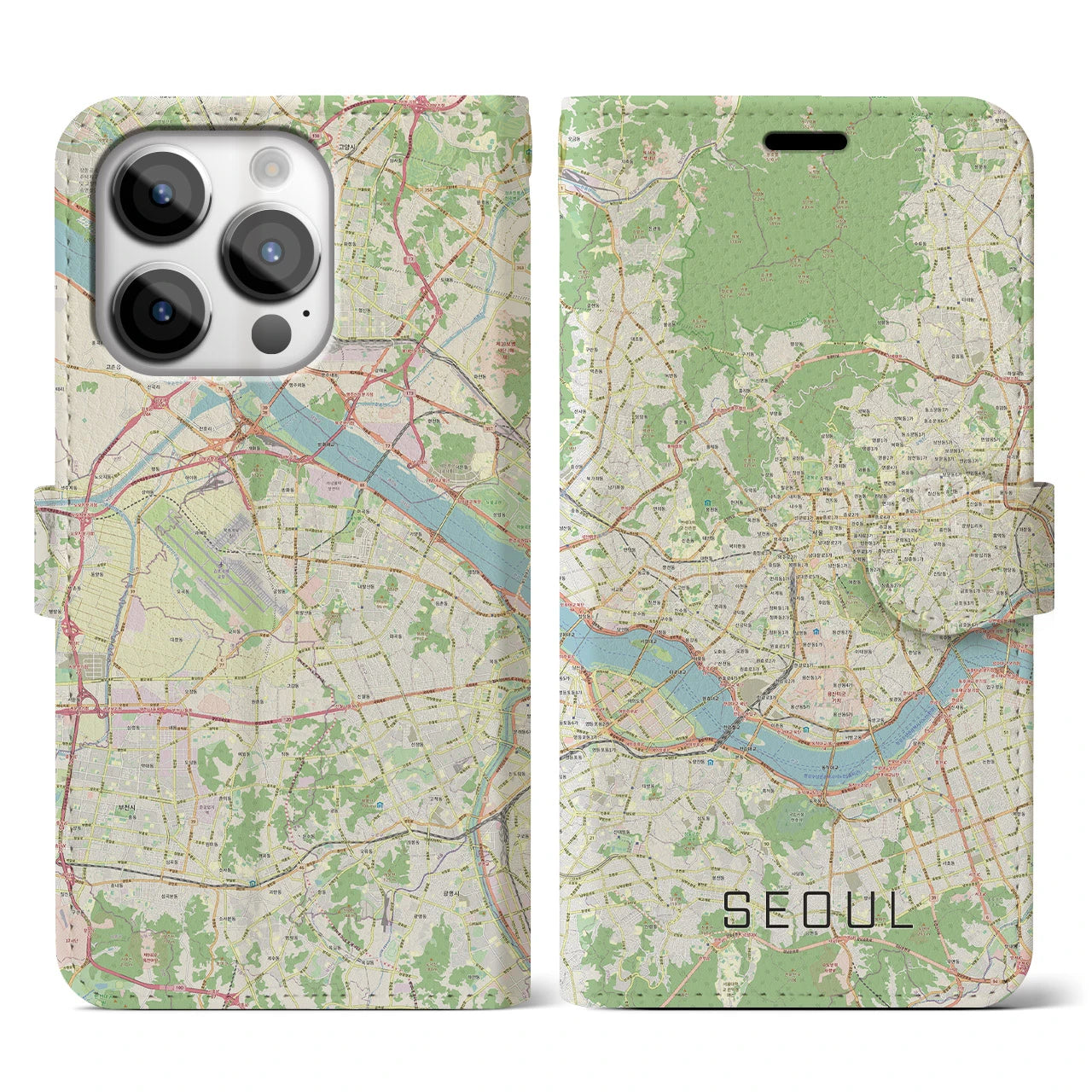 【ソウル】地図柄iPhoneケース（手帳両面タイプ・ナチュラル）iPhone 14 Pro 用