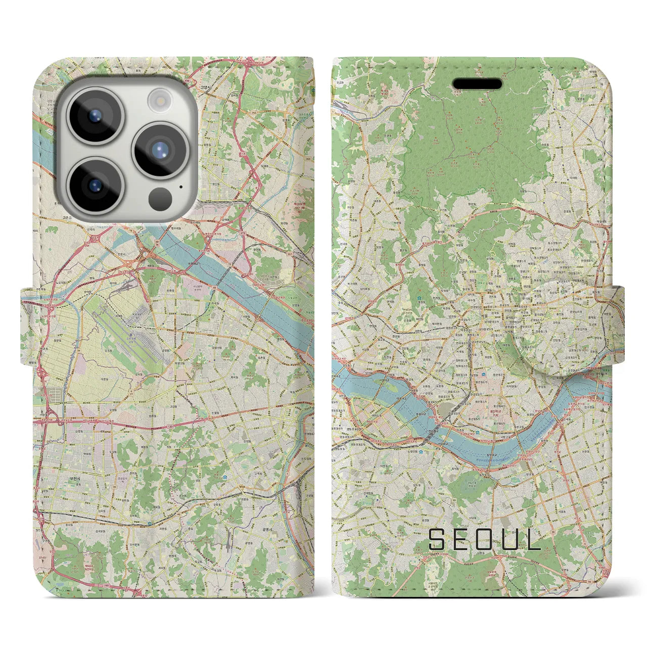 【ソウル】地図柄iPhoneケース（手帳両面タイプ・ナチュラル）iPhone 15 Pro 用