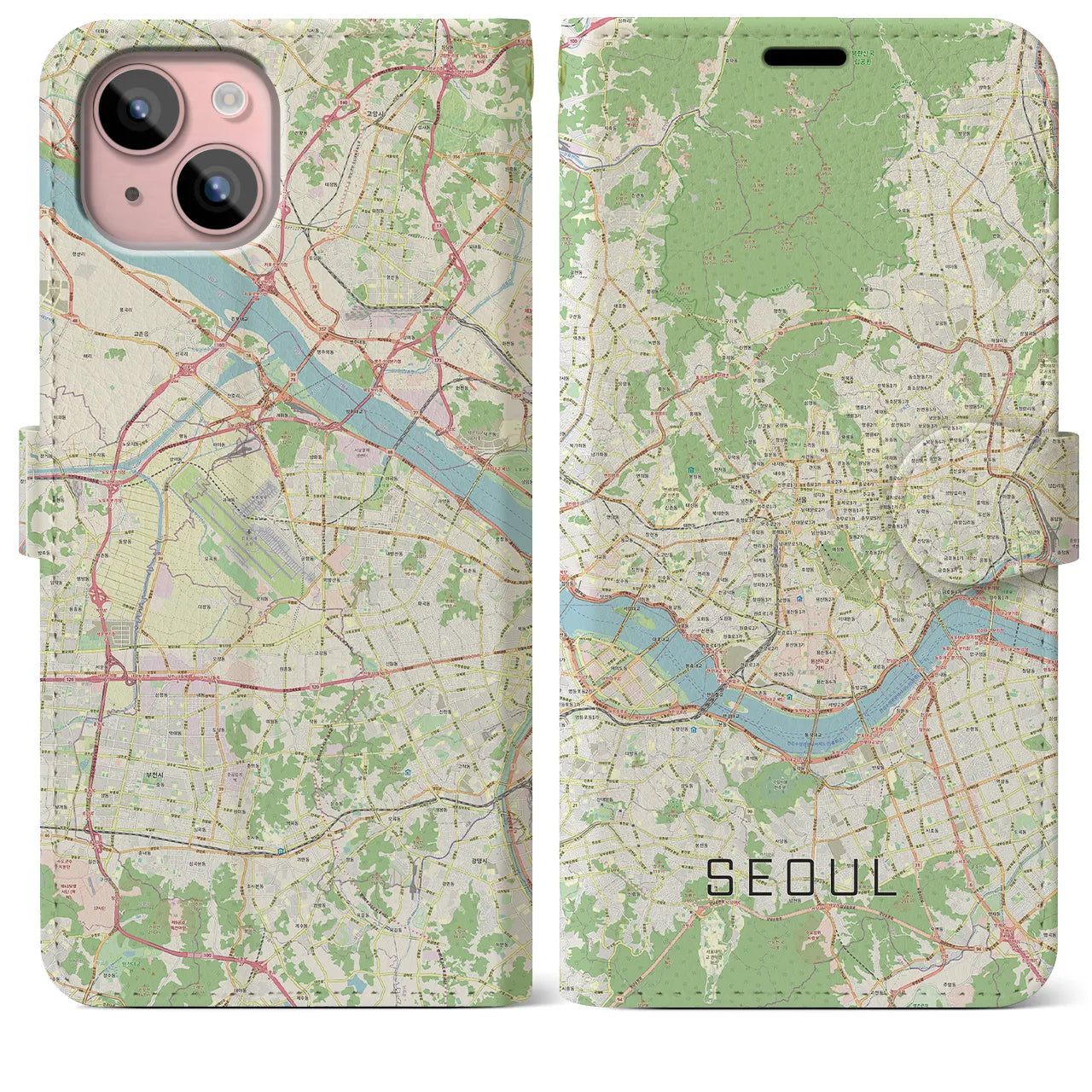 【ソウル】地図柄iPhoneケース（手帳両面タイプ・ナチュラル）iPhone 15 Plus 用