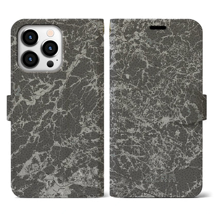 【世羅（広島県）】地図柄iPhoneケース（手帳タイプ）モノトーン・iPhone 13 Pro 用