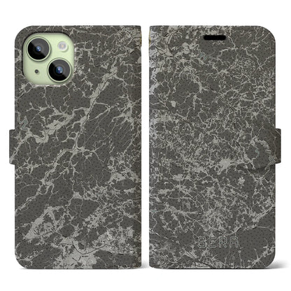 【世羅（広島県）】地図柄iPhoneケース（手帳タイプ）モノトーン・iPhone 15 用