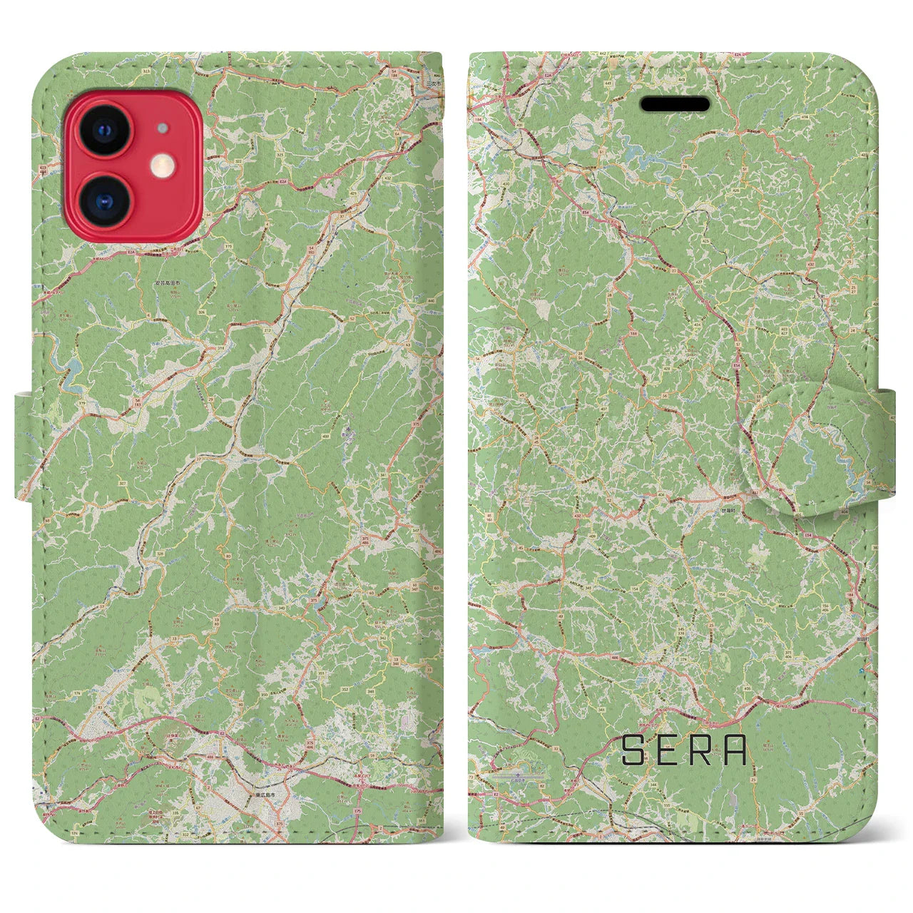 【世羅（広島県）】地図柄iPhoneケース（手帳タイプ）ナチュラル・iPhone 11 用