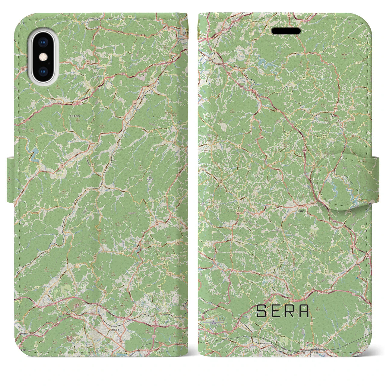 【世羅（広島県）】地図柄iPhoneケース（手帳タイプ）ナチュラル・iPhone XS Max 用