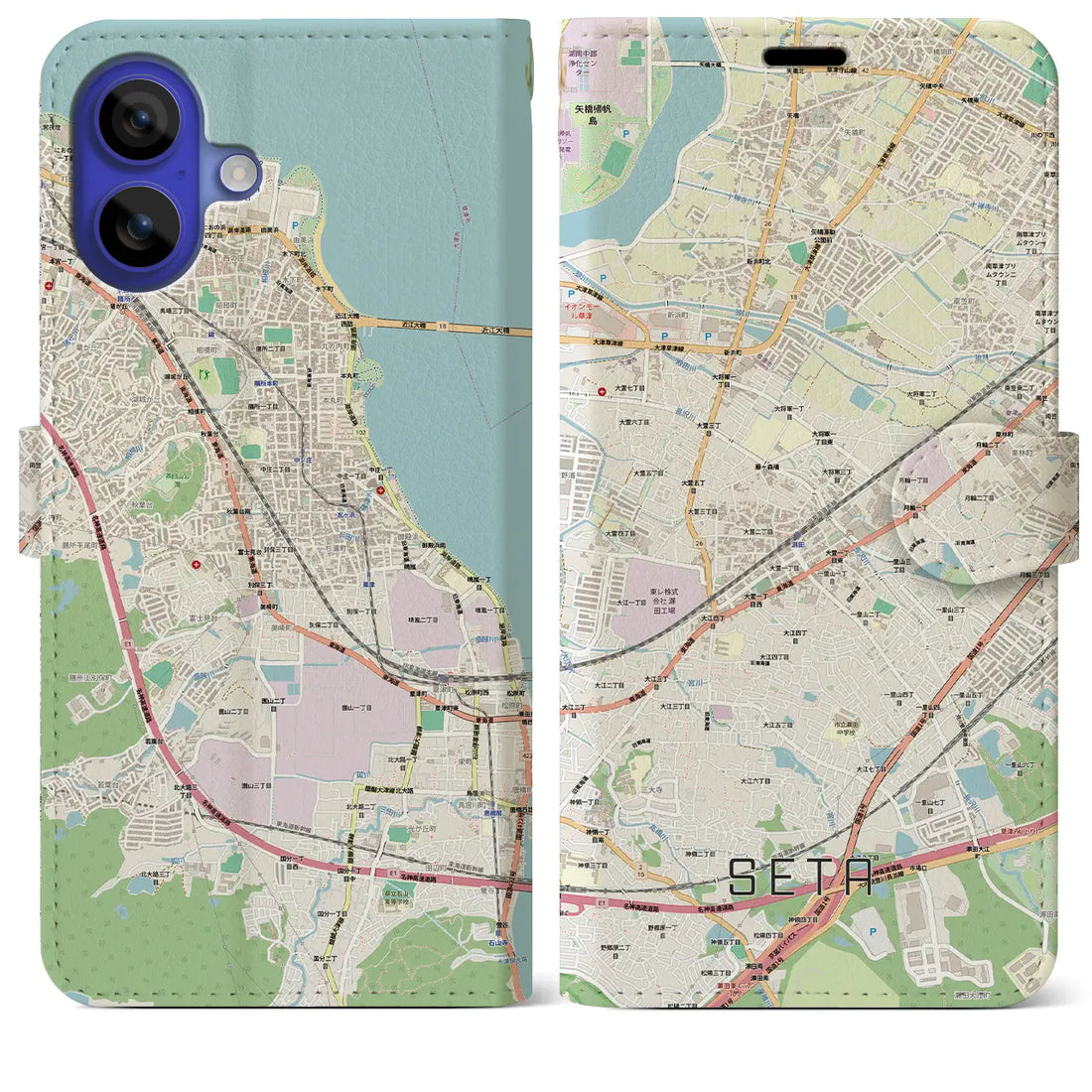 【瀬田（滋賀県）】地図柄iPhoneケース（手帳タイプ）モノトーン・iPhone 16 Pro Max 用