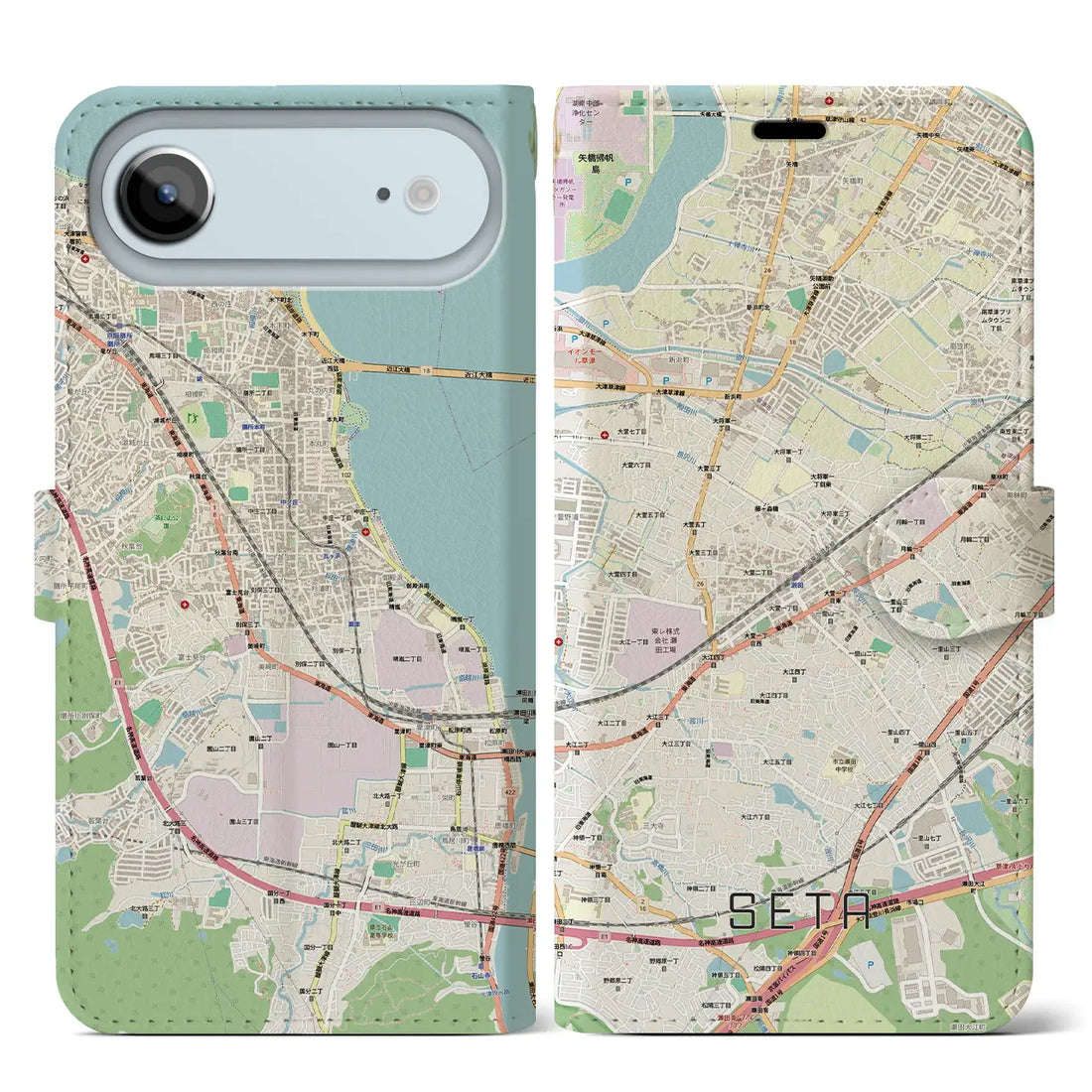 【瀬田（滋賀県）】地図柄iPhoneケース（手帳タイプ）モノトーン・iPhone 17 Pro Max 用
