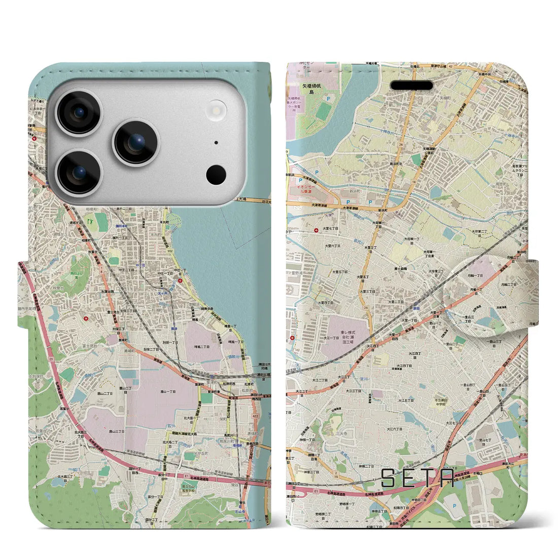 【瀬田（滋賀県）】地図柄iPhoneケース（手帳タイプ）ナチュラル・iPhone 17 Pro Max 用