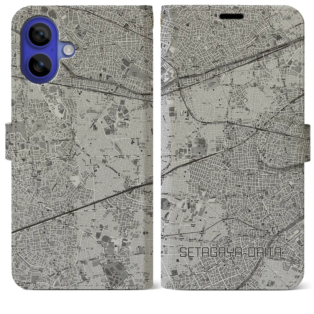 【世田谷代田（東京都）】地図柄iPhoneケース（手帳タイプ）モノトーン・iPhone 16 Pro Max 用