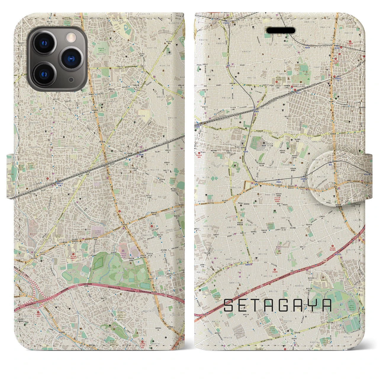【世田谷】地図柄iPhoneケース（手帳両面タイプ・ナチュラル）iPhone 11 Pro Max 用