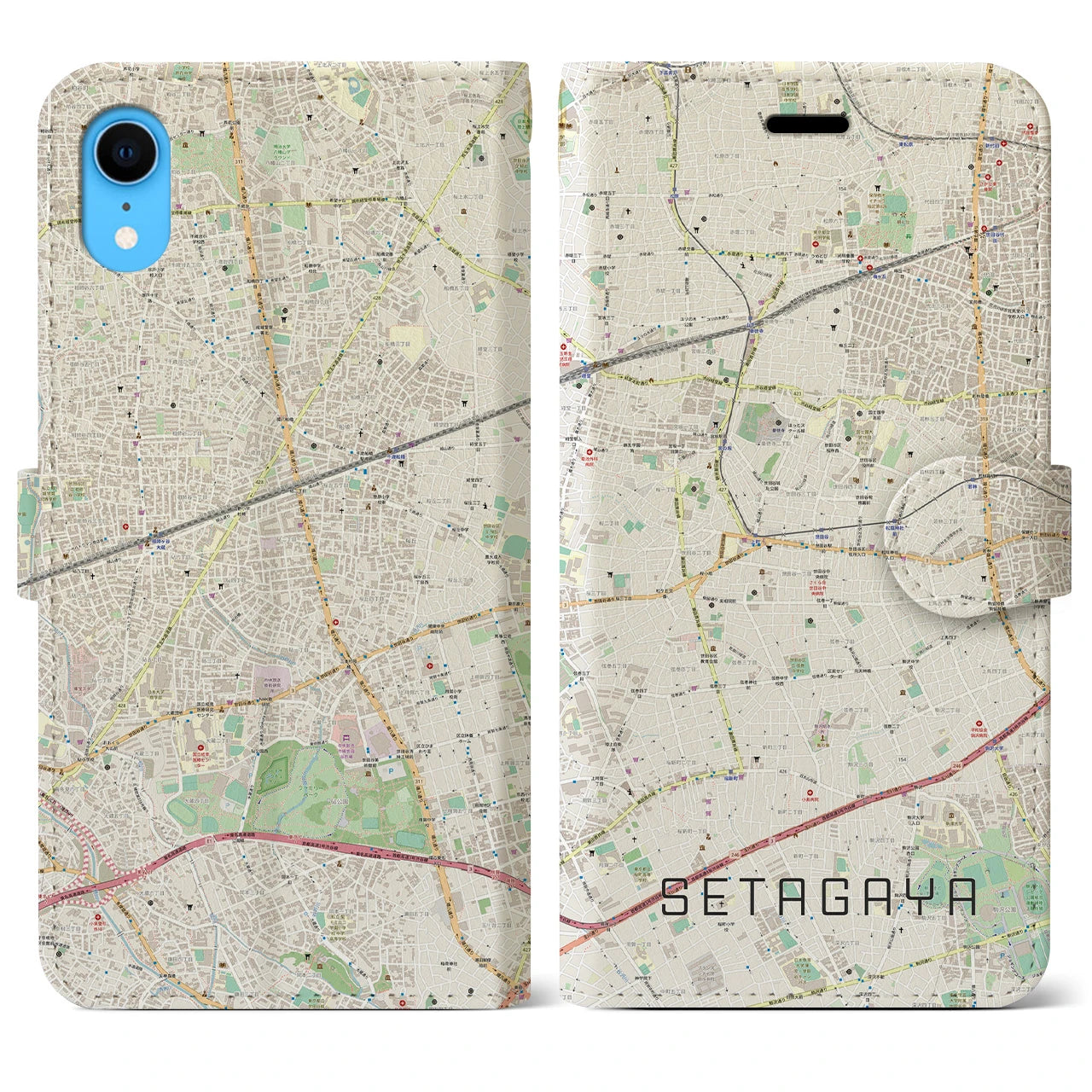 【世田谷】地図柄iPhoneケース（手帳両面タイプ・ナチュラル）iPhone XR 用