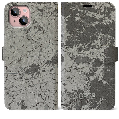 【瀬戸（愛知県）】地図柄iPhoneケース（手帳タイプ）モノトーン・iPhone 15 Plus 用