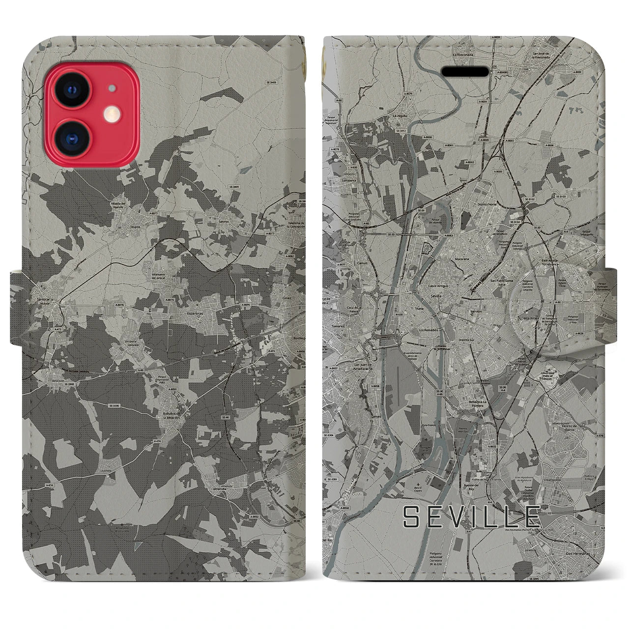 【セビリア】地図柄iPhoneケース（手帳両面タイプ・モノトーン）iPhone 11 用