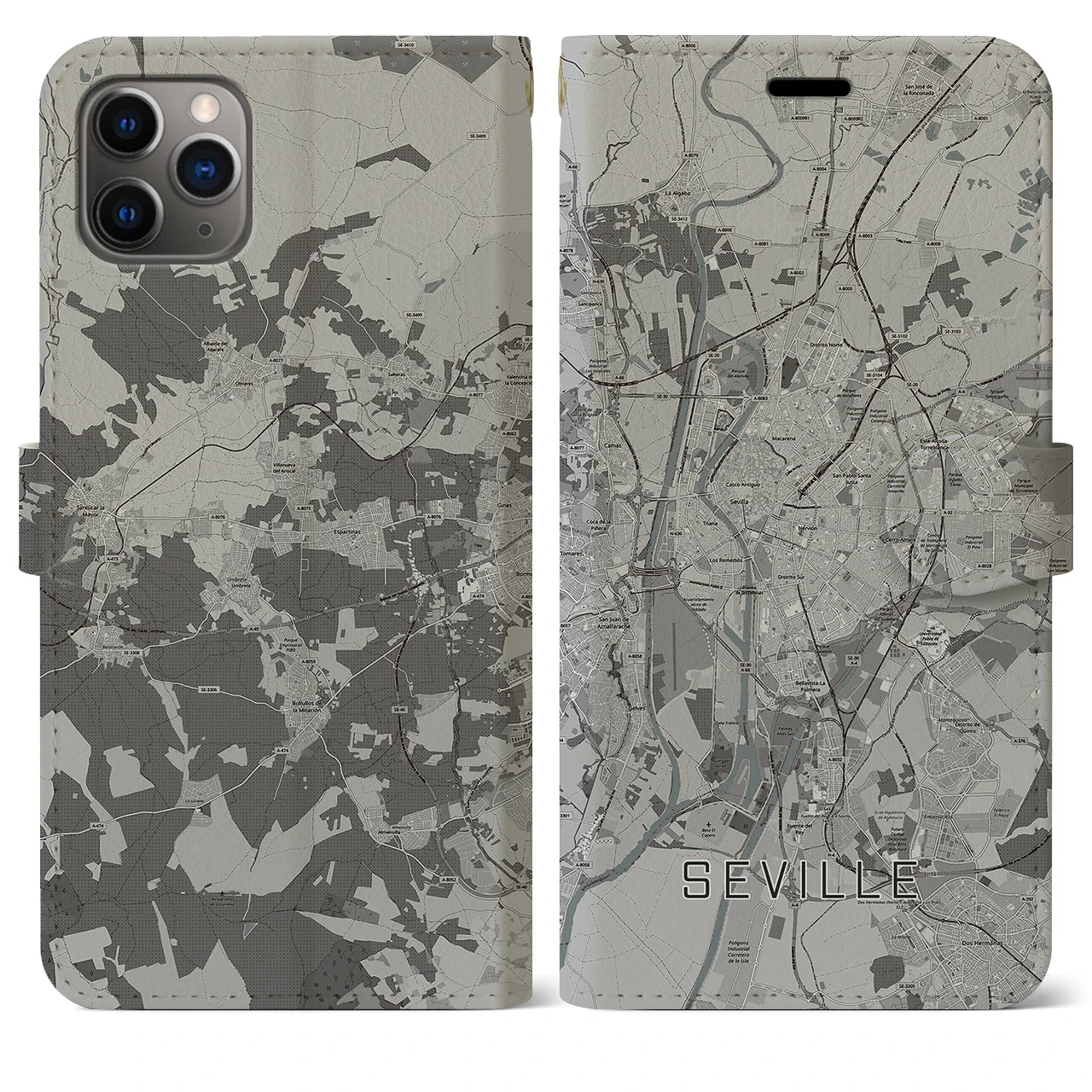 【セビリア】地図柄iPhoneケース（手帳両面タイプ・モノトーン）iPhone 11 Pro Max 用
