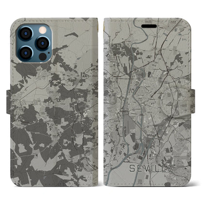【セビリア（スペイン）】地図柄iPhoneケース（手帳タイプ）モノトーン・iPhone 12 / 12 Pro 用