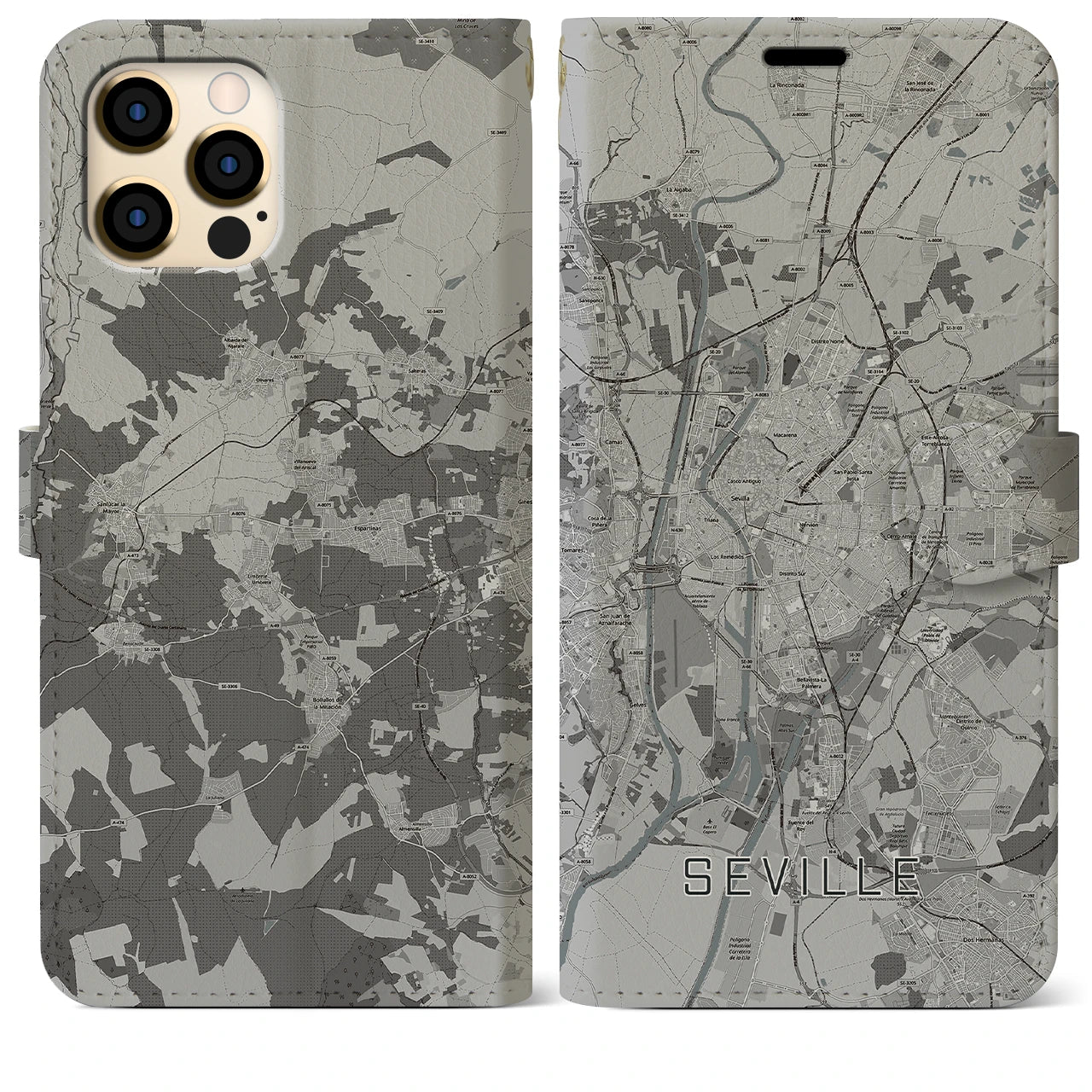 【セビリア】地図柄iPhoneケース（手帳両面タイプ・モノトーン）iPhone 12 Pro Max 用
