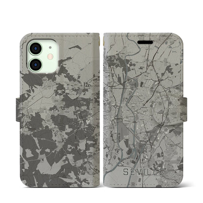 【セビリア（スペイン）】地図柄iPhoneケース（手帳タイプ）モノトーン・iPhone 12 mini 用
