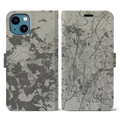 【セビリア（スペイン）】地図柄iPhoneケース（手帳タイプ）モノトーン・iPhone 13 用