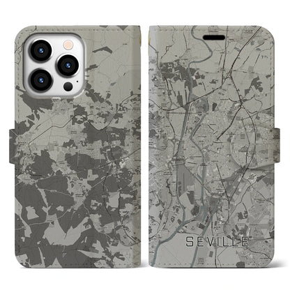 【セビリア（スペイン）】地図柄iPhoneケース（手帳タイプ）モノトーン・iPhone 13 Pro 用