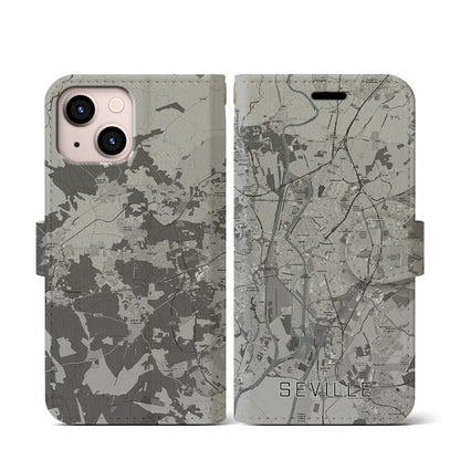 【セビリア（スペイン）】地図柄iPhoneケース（手帳タイプ）モノトーン・iPhone 13 mini 用