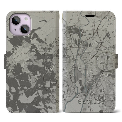 【セビリア（スペイン）】地図柄iPhoneケース（手帳タイプ）モノトーン・iPhone 14 用