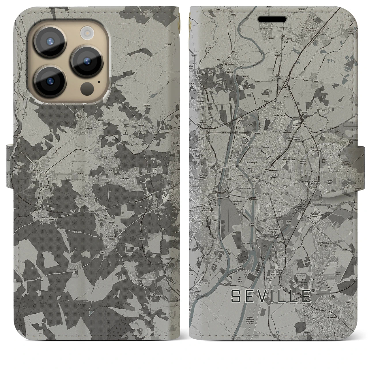 【セビリア】地図柄iPhoneケース（手帳両面タイプ・モノトーン）iPhone 14 Pro Max 用