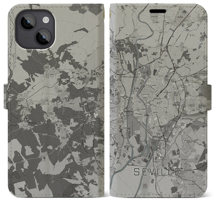 【セビリア（スペイン）】地図柄iPhoneケース（手帳タイプ）モノトーン・iPhone 14 Plus 用
