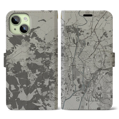 【セビリア（スペイン）】地図柄iPhoneケース（手帳タイプ）モノトーン・iPhone 15 用