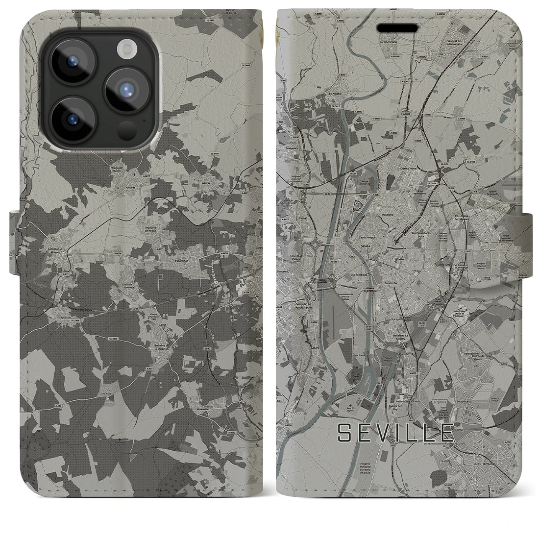 【セビリア】地図柄iPhoneケース（手帳両面タイプ・モノトーン）iPhone 15 Pro Max 用