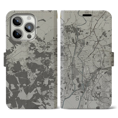 【セビリア（スペイン）】地図柄iPhoneケース（手帳タイプ）モノトーン・iPhone 15 Pro 用