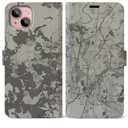 【セビリア（スペイン）】地図柄iPhoneケース（手帳タイプ）モノトーン・iPhone 15 Plus 用