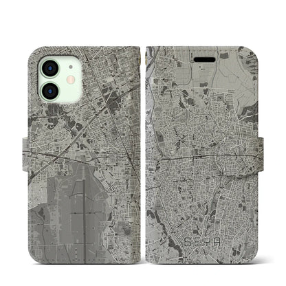 【瀬谷（神奈川県）】地図柄iPhoneケース（手帳タイプ）モノトーン・iPhone 12 mini 用