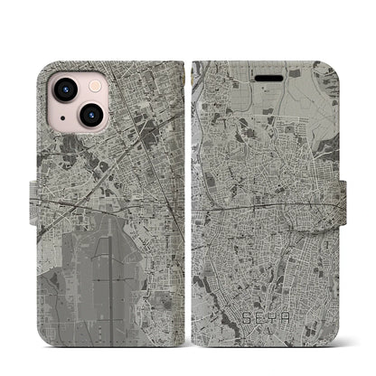 【瀬谷（神奈川県）】地図柄iPhoneケース（手帳タイプ）モノトーン・iPhone 13 mini 用