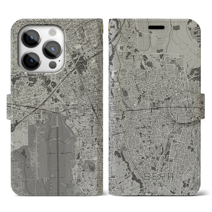 【瀬谷（神奈川県）】地図柄iPhoneケース（手帳タイプ）モノトーン・iPhone 14 Pro 用