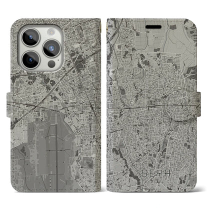 【瀬谷（神奈川県）】地図柄iPhoneケース（手帳タイプ）モノトーン・iPhone 15 Pro 用