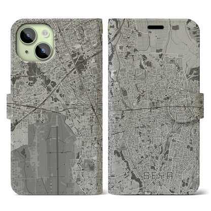 【瀬谷（神奈川県）】地図柄iPhoneケース（手帳タイプ）モノトーン・iPhone 15 用