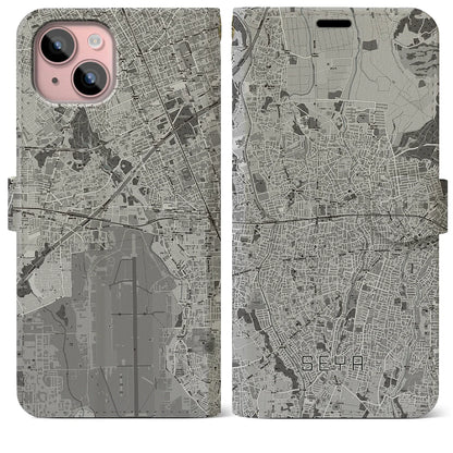 【瀬谷（神奈川県）】地図柄iPhoneケース（手帳タイプ）モノトーン・iPhone 15 Plus 用
