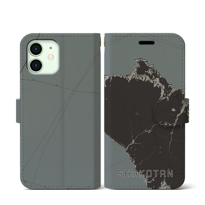 【積丹（北海道）】地図柄iPhoneケース（手帳タイプ）モノトーン・iPhone 12 mini 用