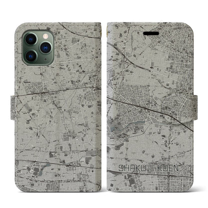 【石神井公園（東京都）】地図柄iPhoneケース（手帳タイプ）モノトーン・iPhone 11 Pro 用