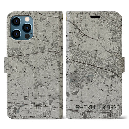 【石神井公園（東京都）】地図柄iPhoneケース（手帳タイプ）モノトーン・iPhone 12 / 12 Pro 用