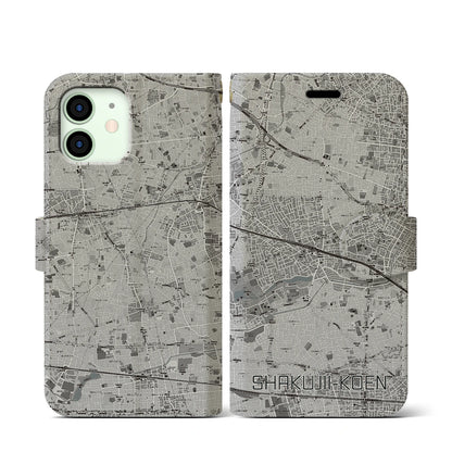【石神井公園（東京都）】地図柄iPhoneケース（手帳タイプ）モノトーン・iPhone 12 mini 用