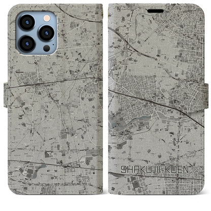 【石神井公園（東京都）】地図柄iPhoneケース（手帳タイプ）モノトーン・iPhone 13 Pro Max 用