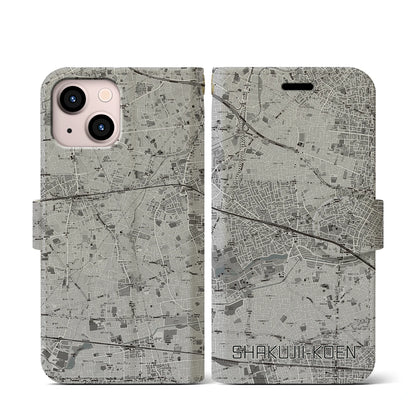 【石神井公園（東京都）】地図柄iPhoneケース（手帳タイプ）モノトーン・iPhone 13 mini 用